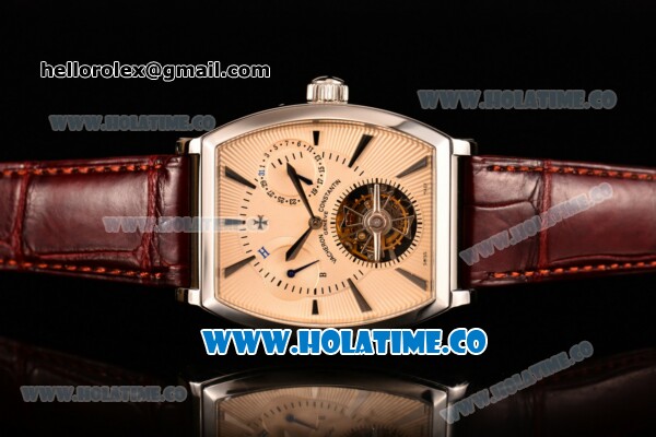 Vacheron Constantin Malte Tourbillon Power Reserve Swiss Tourbillon Manual Winding Steel Case with Beige Dial Stick Markers and Brown Leather Strap - Click Image to Close